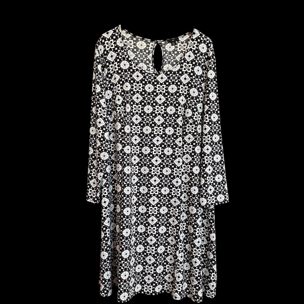 Ellos Women's Plus Size 1X 22/24 Black & White Print Long Sleeve‎ Dress #498